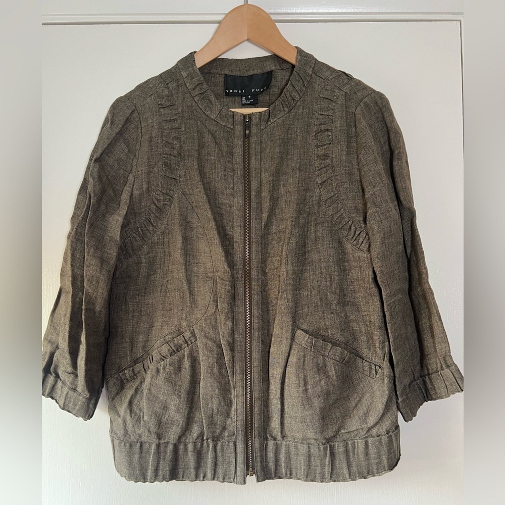 Yansi Fugel 100% Linen Bomber Utility Jacket Zip Front Ruched Soft Girl Artsy